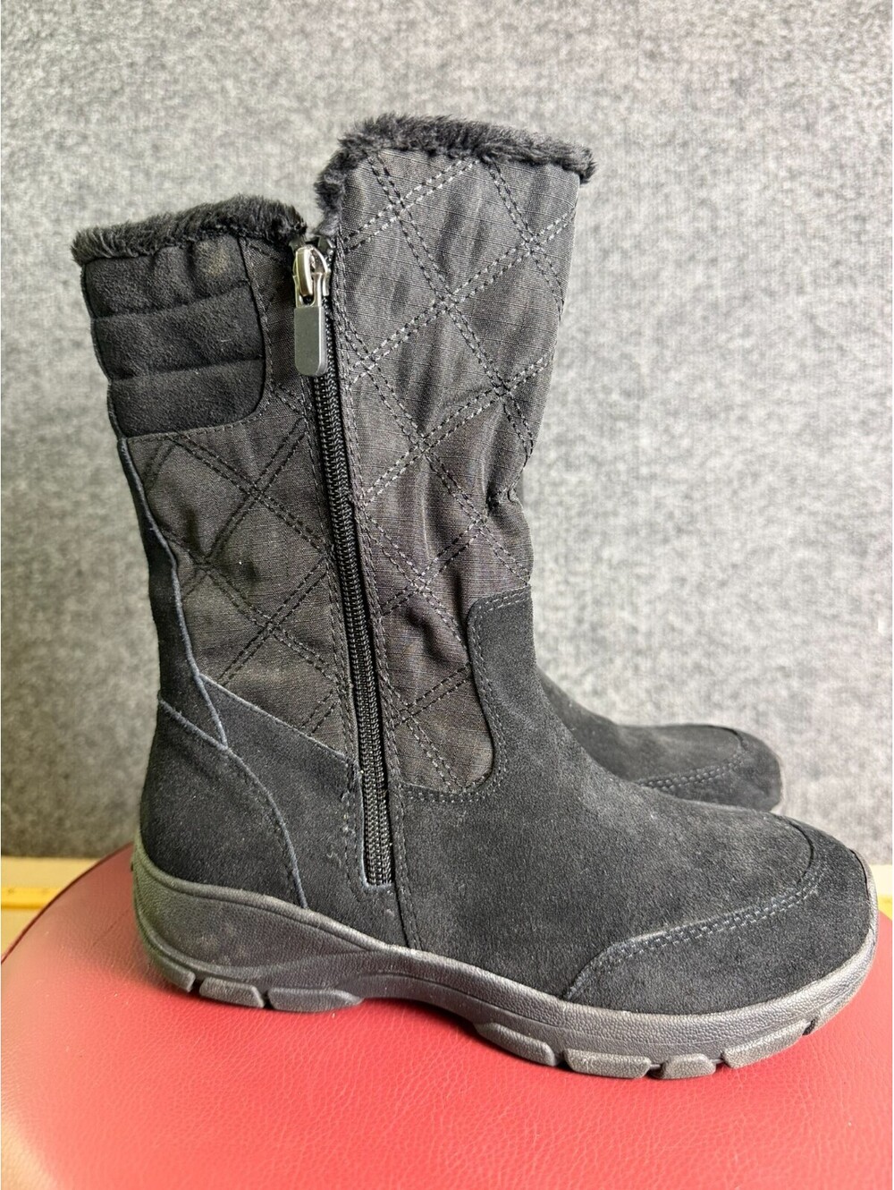 Lands End Womens Black Quilted Suede Faux Fur Lined Winter Boots Size 6B